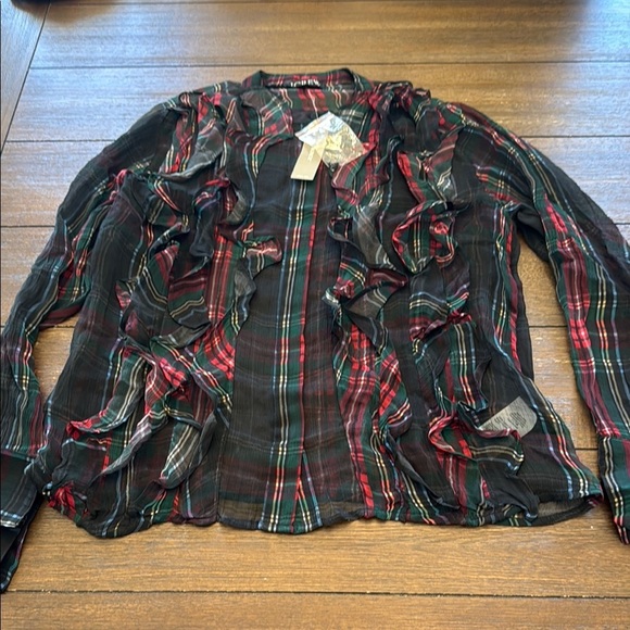 J. Crew Ruffle-front top in tartan crinkle cupro Size 0 - Picture 2 of 9